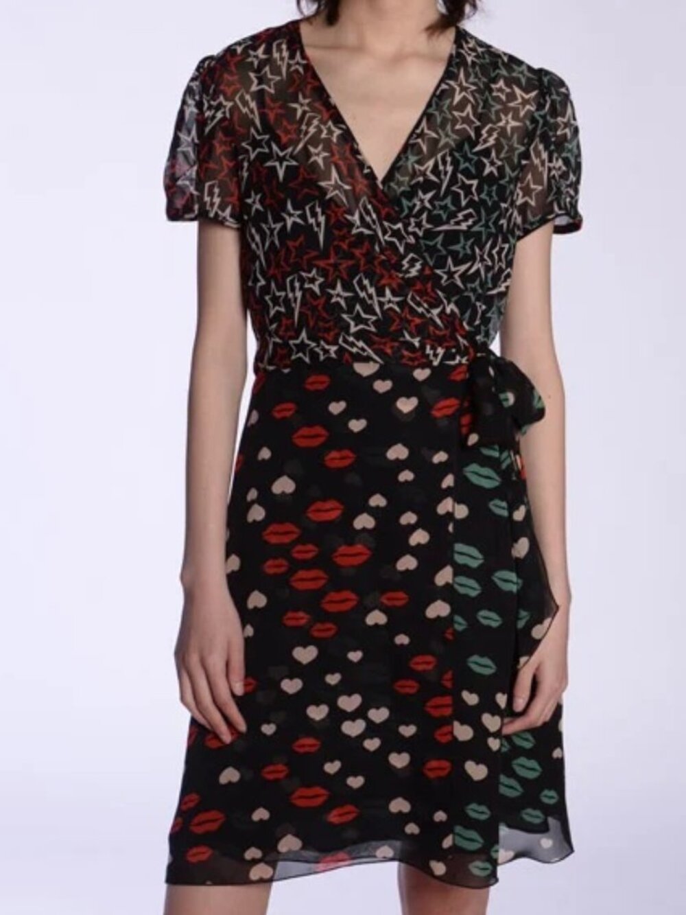 Anna Sui Silk Chiffon Dress Black Multi Size 8 NWT
